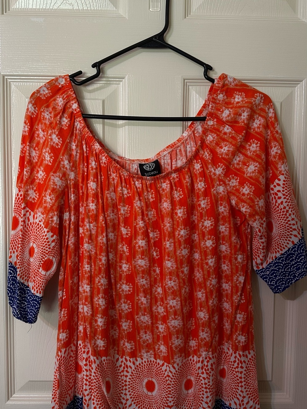 bobeau Orange and Navy Patterned Peasant Tunic